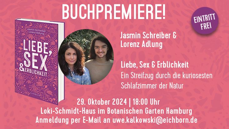 Ankündigungsgrafik zum neuen Buch von Jasmin Schreiber "Liebe, Sex und Erblichkeit"